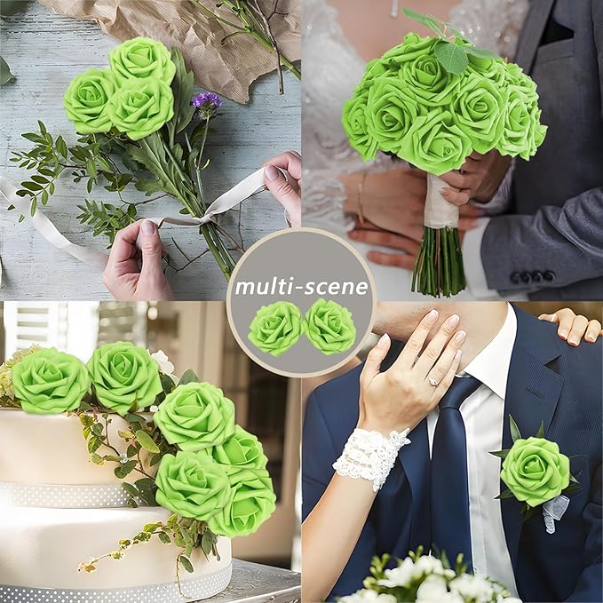 Artificial Flowers 50 Pcs Green Roses Real Looking Foam Fake Roses with Leaves for DIY Wedding Bouquets Bridal Shower Centerpieces Party Decorations (Green, 50)