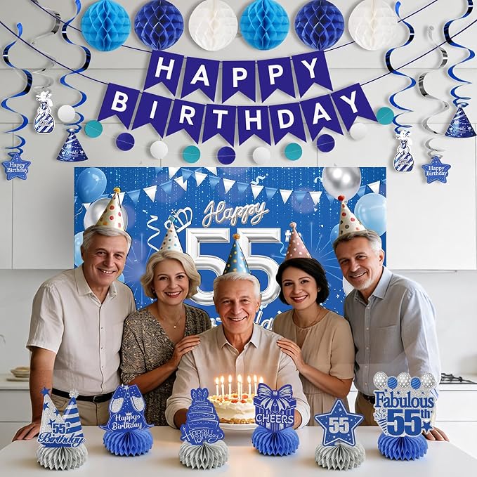 Happy 55th Birthday Party Decoration: Including Birthday Banner Backdrop, Party Table Centerpieces and Hanging Swirl Party Streamers, Birthday Decor for Men and Women (Blue, 55th Birthday)