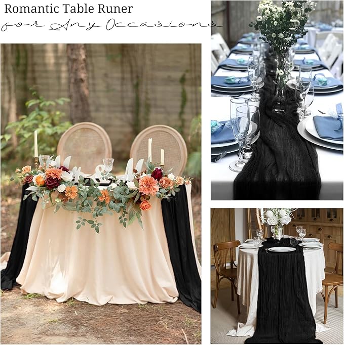 10 Pack Black Cheesecloth Table Runner 17x108 Inch Semi Sheer Boho Gauze Cheese Cloth Table Runners, for Wedding Bridal Shower Birthday Party Home Decor Garden Farmhouse
