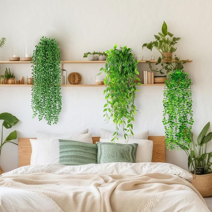 Daifunli 12 Pcs Artificial Hanging Plants Fake Hanging Ferns Plastic Faux Plants for Wall Room Garden Garland Indoor Outdoor Decor No Basket (Eucalyptus,Mandala,String of Pearls,Pea)