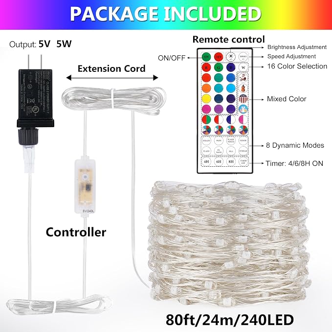 OMIKA 80ft Fairy Lights Plug in with Remote, 24 Colors 196 Modes Color Changing String Lights Dimmable, 240 LED Twinkle Lights with Timer for Outdoor Party Bedroom Indoor Christmas Halloween Décor