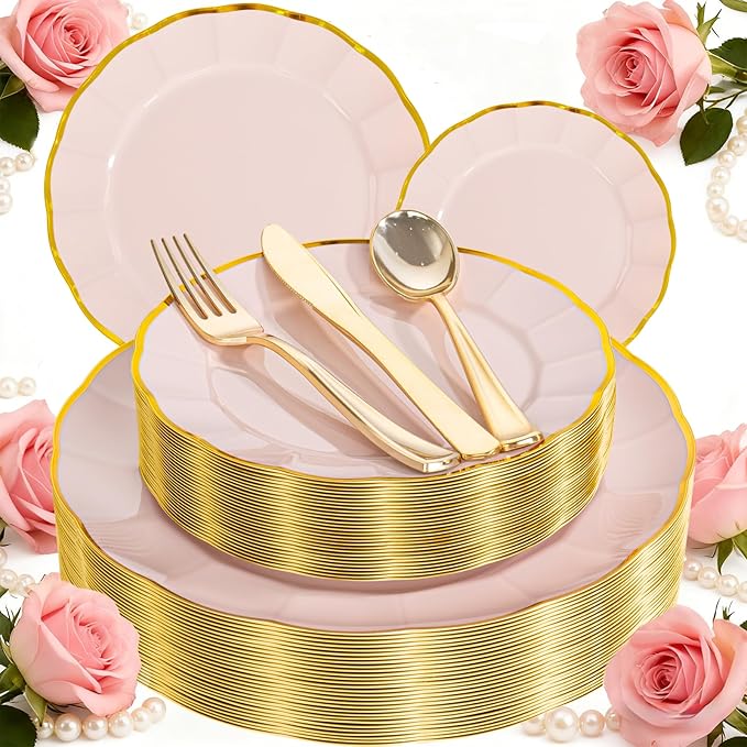 ejonirinjonir EI 150pcs Pink Plastic Plates with Gold Plastic Silverware,Pink Party Plates,Heavy Duty Plate Disposable,Gold Dinnerware Set for Birthday, Afternoon Tea,Wedding,Valentine's Day