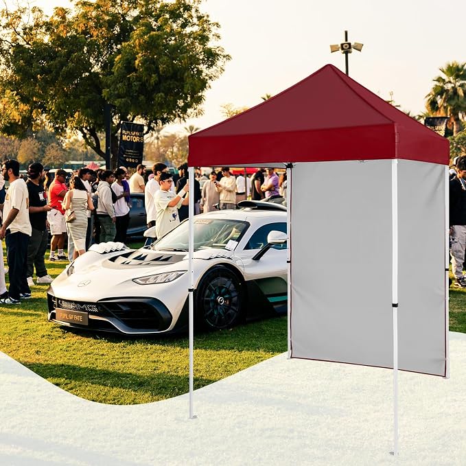 5x5 Pop Up Canopy Tent with One Sidewall, Instant Portable Beach Canopy, Outdoor Tent with Carry Bag for Camping, Sports, Tailgating, Events, Burgundy