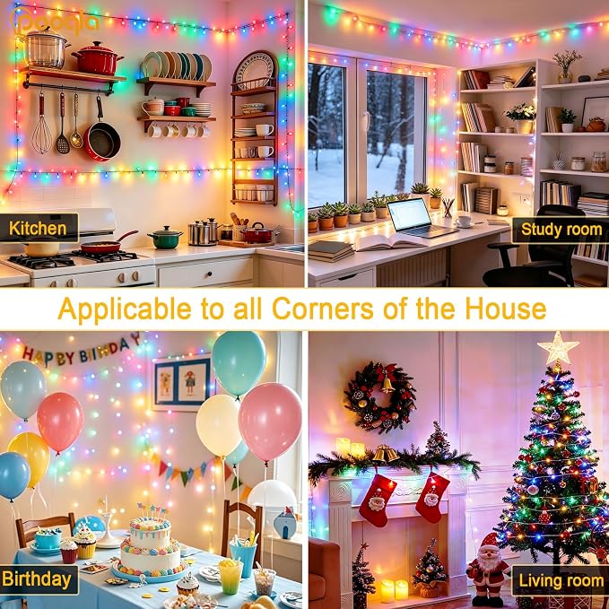 Pooqla 4 Pack String Lights Battery Operated, Total 66.6ft 200 LED Fairy Lights Indoor Outdoor Decorations, 8 Modes Colorful Battery Christmas Lights for Bedroom Classroom Porch Party Yard Decor