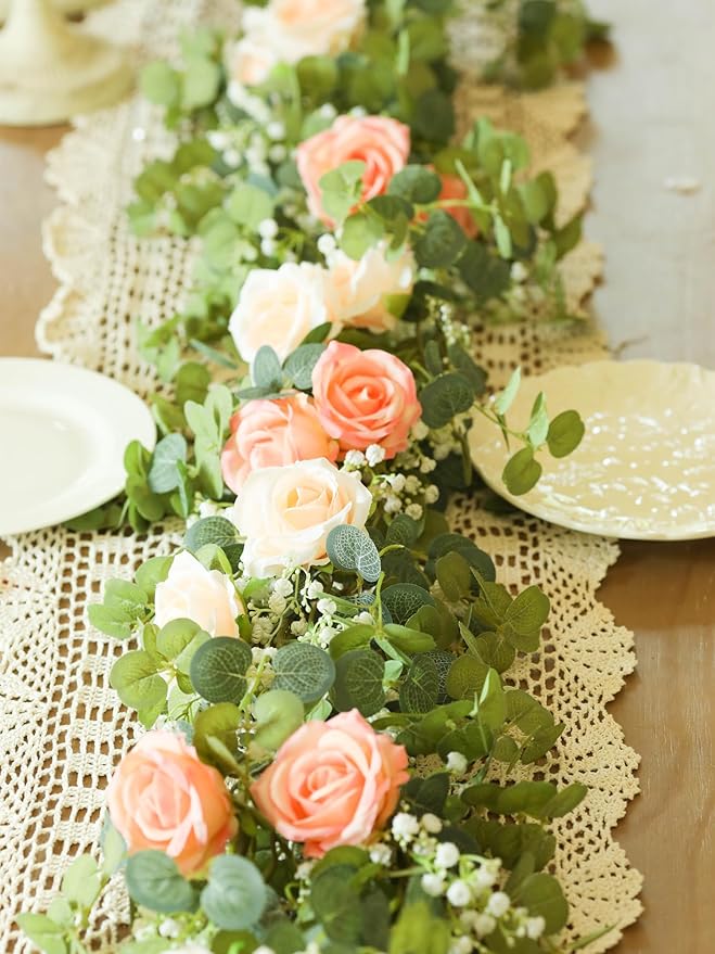 6FT Artificial Eucalyptus Garland with 10 Pink Roses and Baby Breath Flower Greenery Garland for Table Centerpiece Party Wedding Decor Indoor Outdoor Backdrop Wall Decorations
