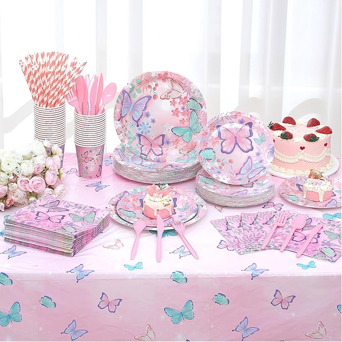 Funnymoom 452 Pcs Butterfly Birthday Party Supplies, Butterfly Floral Disposable Paper Plates Napkins Cups Tablecloth and Cutlery Straws for Ladies Spring Butterfly Birthday Decorations, Serves 50
