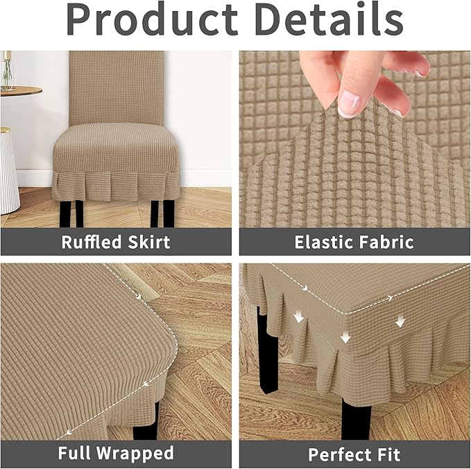 Easy-Going Dining Chair Covers Stretch Parsons Chair Slipcover with Skirt Chair Covers for Dining Room Restaurant Banquet (8 PCS, Khaki)