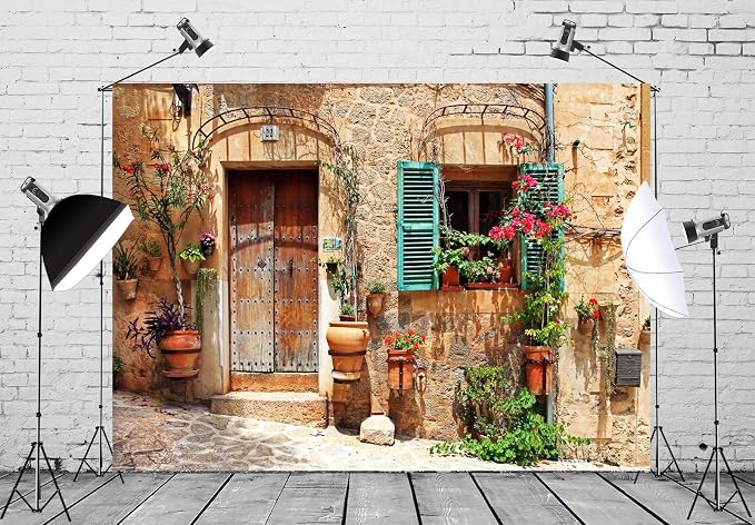 9x6ft Fabric Italy Street Backdrop Tuscany Medieval Town Street Stone Wall Window Photography Background for Italian Theme Party Decorations Wedding Birthday Photo Booth Props