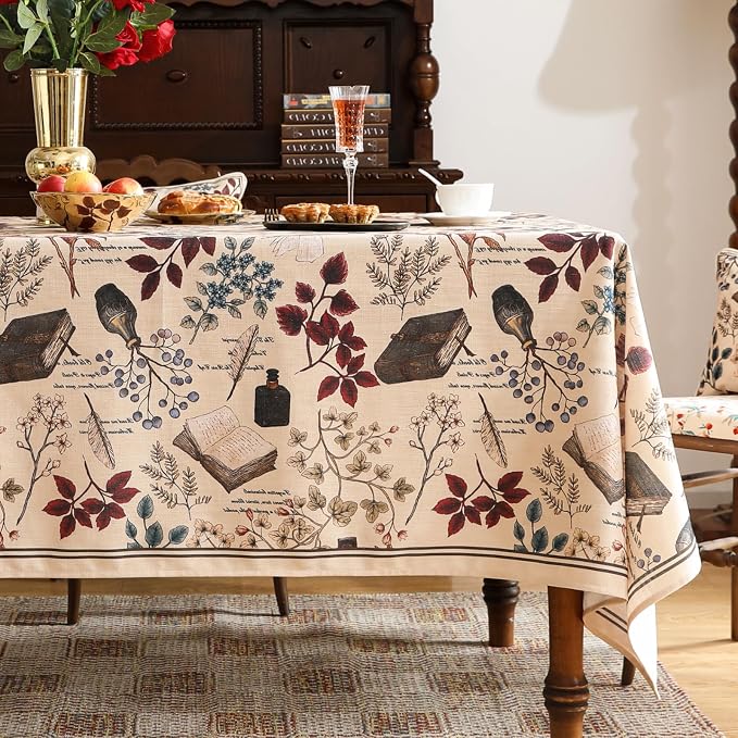 ISAENNE Designer French Linen Rectangular Tablecloth,102"x63"-Xipeia | Vintage Elegant Printed Table Cloth for Rectangle Table,Floral Pattern,Heavyweight,Dining Room,Kitchen,Thanksgiving,Decor
