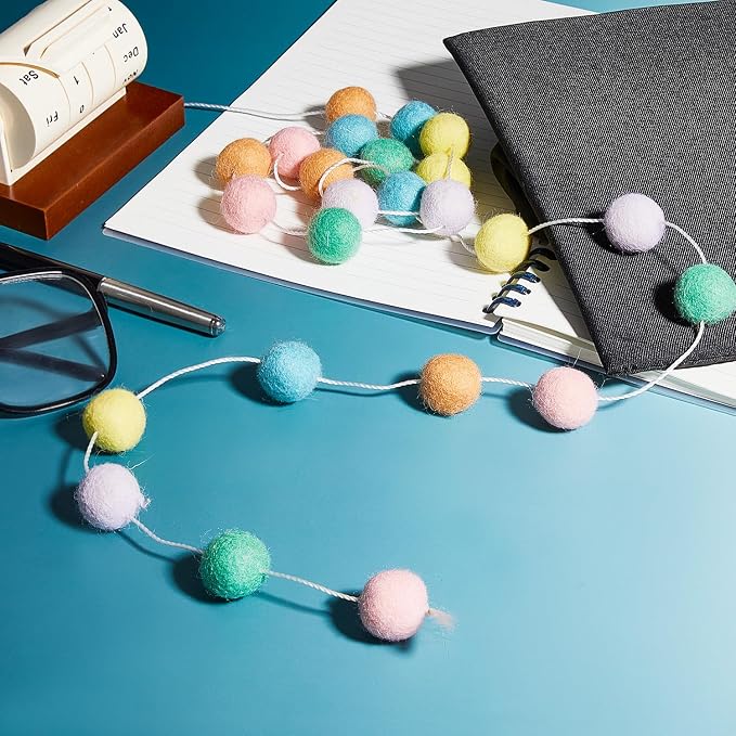 WILLBOND 2 Pieces Wool Felt Rainbow Ball Garland Colorful Pom Pom 6.5 ft Long 24 Ball Garland for Easter Mardi Gras Classroom Halloween Thanksgiving Xmas (Pastel Colors)