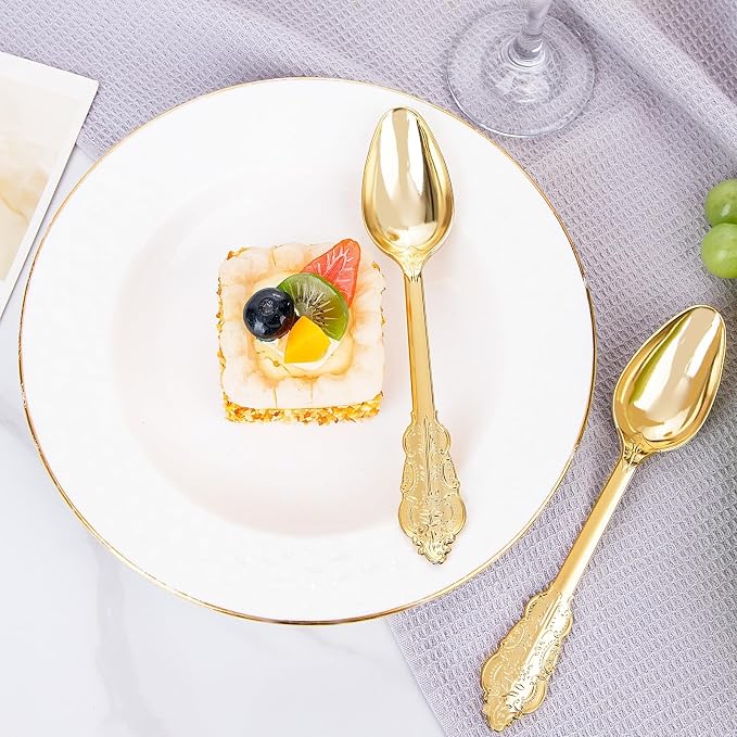 WDF 100 Piece Gold Plastic Spoons Disposable - 6.93 Inch Baroque Gold Spoons Plastic Silverware for Dessert Cake - Heavy Duty for Party Wedding Daily Using Baby Shower Spring