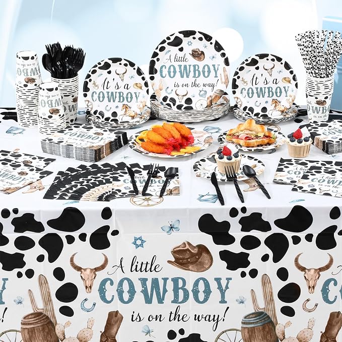 Funnymoom 452 Pcs Cowboy Baby Shower Party Decorations Include a Little Cowboy Is on the Way Paper Plates Napkins Cups Tablecloth Cutlery Straws for girl Girl Baby Shower Party Supplies