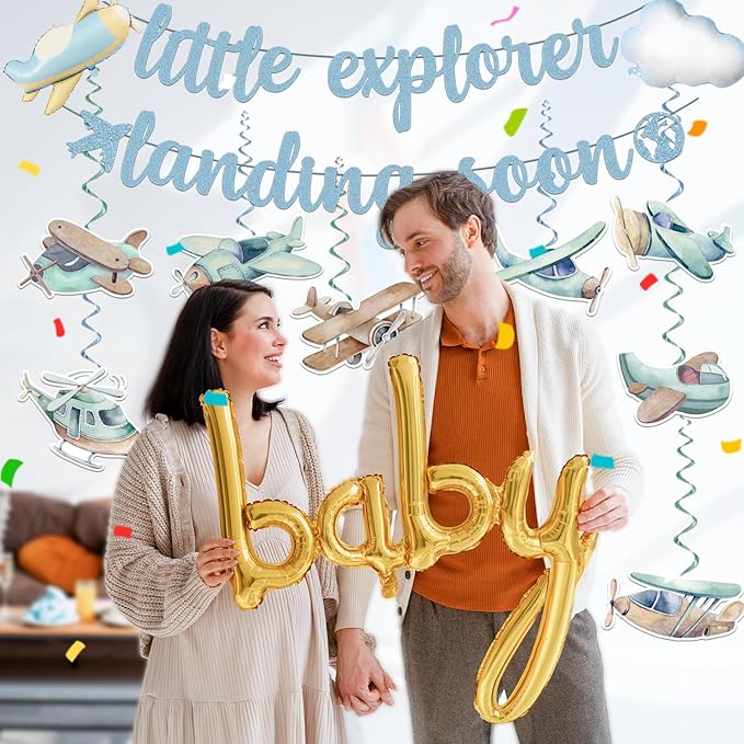 202PCS Airplane Baby Shower Decorations for Boy, Tableware Set Serves 25, Blue Airplane Theme Party Supplies with Banner, Plates, Tablecloth, Cups, Cupcake Toppers & Centerpieces