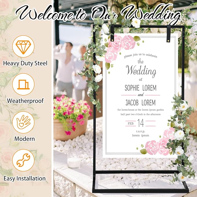 MorningRo Wedding Welcome Sign Stand 50”x30”x20” Welcome to Our Wedding Sign Holder with 2 Leather Straps Easel Stand for Signs Metal Display Poster Holder for Ceremony Party(Black)
