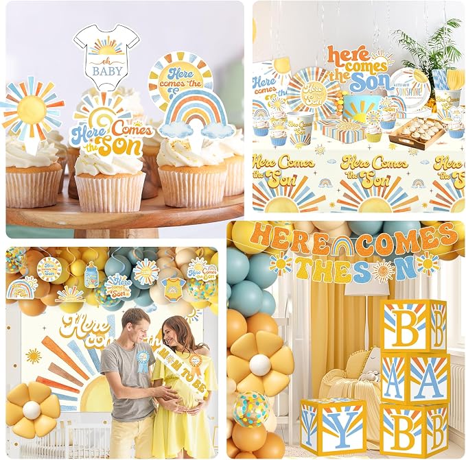 Here Comes the Son Baby Shower Decor for Boy, All-in-1 Boho Retro Sunshine Baby Shower Decorations with Balloon Arch Baby Boxes Rainbow Plates Napkins Cake Topper Tablecloth Backdrop It’s A Boy Decor