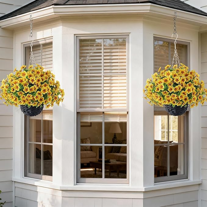 VIERENA 2 Sets Artificial Morning Glory and Eucalyptus Hanging Basket for Outdoor, UV-Resistant Fake Flower Hanging Basket, Suitable for Porch, Aisle, Garden, Patio, Eaves Decor (Yellow)