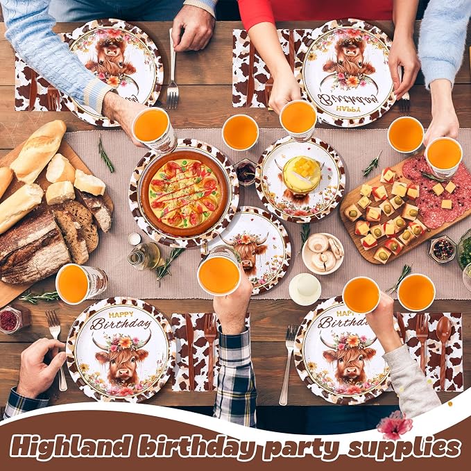 Funnymoom 400 Pcs Highland Cow Birthday Party Supplies Brown Cattle Paper Plates Napkins Cups Spoons Forks Knives for Western Farm Animals Kids Birthday Baby Shower Party Decorations