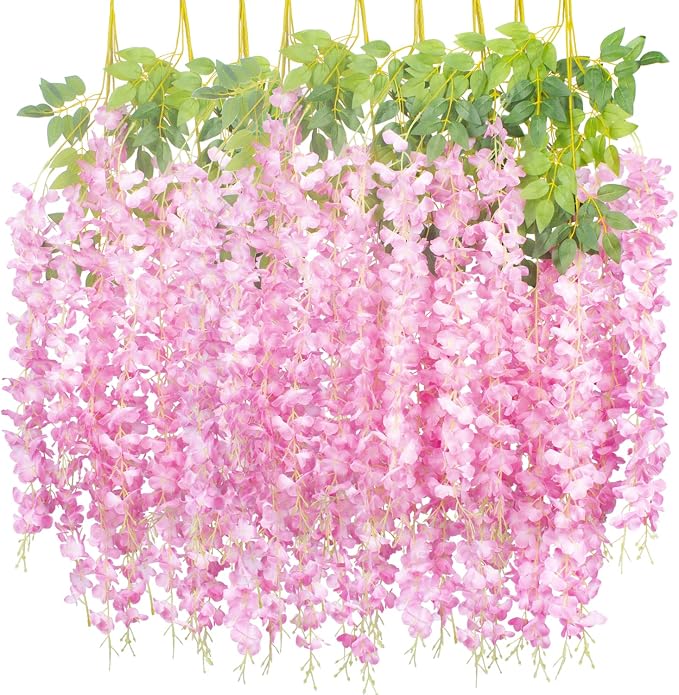 AITISOR 12 Pack Artificial Flowers Silk Wisteria Vine Ratta Hanging Flower (Pink)