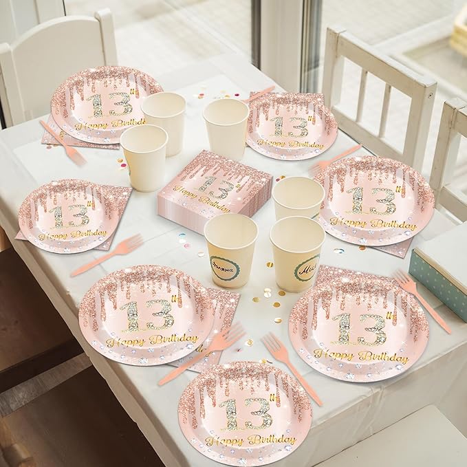 200 PCS Rose Gold 13th Birthday Party Plates Napkins Pink 13th Tableware Set for Happy 13 Years Old Birthday Decorations Dessert Plates Forks Serve 50 Guests for Girls 13 Years Old Party Supplies