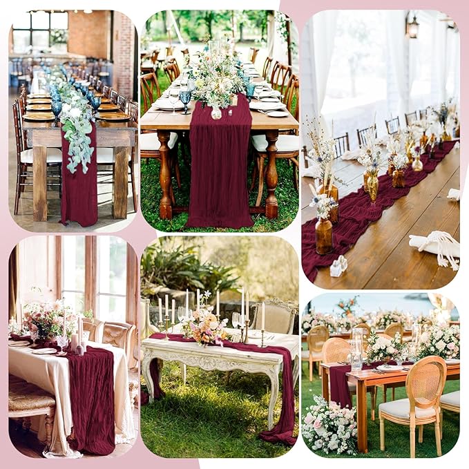 12 Pack Burgundy Cheesecloth Table Runner, 10FT Cheesecloth Rustic Boho Table Runner Long Romantic Semi Sheer Table Runner for Wedding Baby Shower Birthday Bridal Party Decorations(21.5×120 Inch)