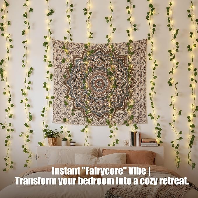 Bexdir 200 LED Curtain Vine Lights for Bedroom Decoration, 6.6x6.6ft Pre-Assembled Hanging Fake Vines with Fairy Lights USB Powered, Aesthetic Artificial Watermelon Lights for Room Wall Decor