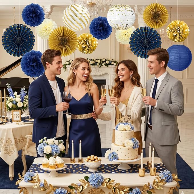 ADLKGG Navy Blue and Gold Party Decorations, 14 Pcs Hanging Paper Fans, Lanterns, Pom Poms, Elegant Backdrop for Class of 2026 Graduation, Nautical Baby Shower, Bachelorette, Men Birthday