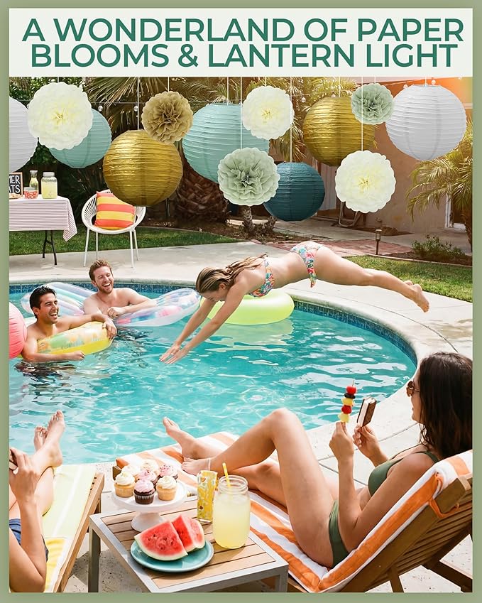 Glooglitter 52 Pcs Sage Gree Party Decorations Sage Gold Cream Tissue Paper Pom Poms Paper Lanterns for Boho Wild Baby Shower Birthday Wedding Engagement Classroom Party Decorations