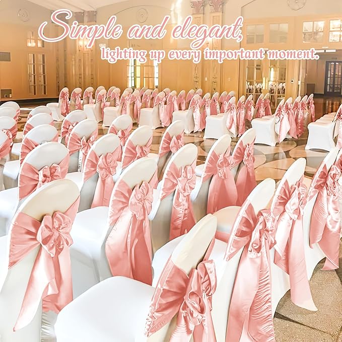 120 PCS Rose Gold Satin Chair Sashes, Ties Bows Designed Sashes for Washable Reusable Chair Covers Supplies for Wedding Reception Events Banquets Party Hotel Event Aisle Decorations (7 x 108 inch)