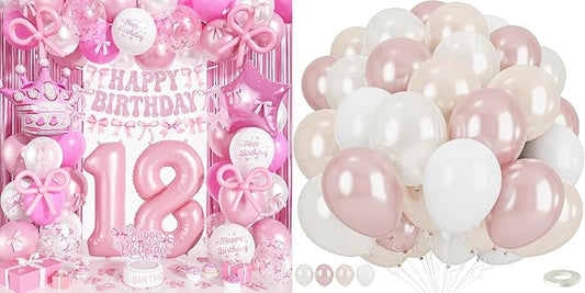 18th Pink Bow Birthday Decorations for Girls with Pearl Pink and White Balloons Set for Women Coquette Party Decor Includes Foil Number Balloons Bows Banner Fringe Curtain Double Stuffed Latex Balloon
