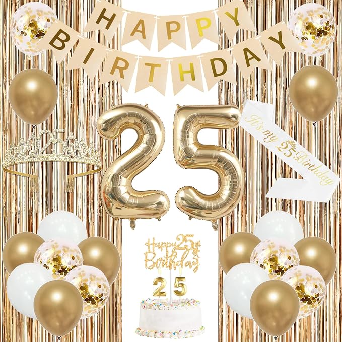 Trgowaul 25th Birthday Decorations for Women, Banner, Sash and Crown, Cake Topper, 25 Number Balloon, Fringe Curtains, Champagne Gold 25th Birthday Party Supplies