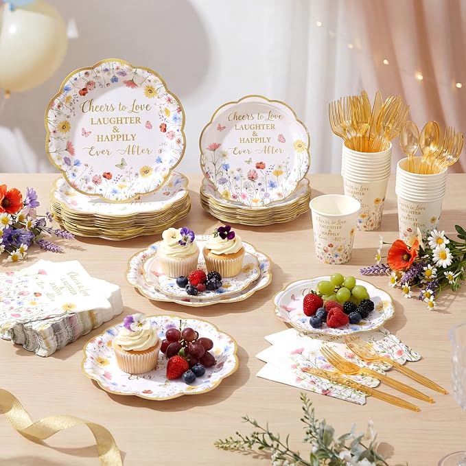 Pickmesh 400 Pcs Floral Bridal Shower Party Supplies Decorations Include Cheers to Love Paper Plates Napkins Cups Cutlery Set Spring Wildflower Tableware for Wedding Engagement Party Serve 50