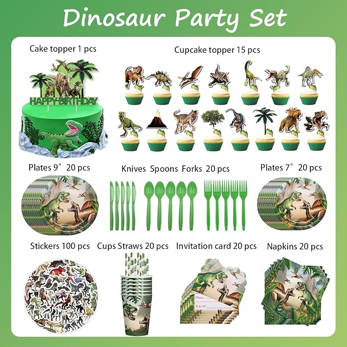 Dinosaur Birthday Decorations for Kids, Party Supplies 397 PCS, Serves 20 | Dinosaur Theme, Includes Balloons, Tablecloth, Cake Topper, Paper Plates