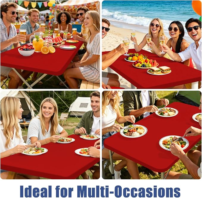 Moosfor Spandex 8 Foot Rectangle Table Cloth 4 Pack, Elastic Fitted Tablecloths for Picnic, Stretch Washable Patio Table Cover for Outdoor, Camping, Banquet and Parties (Red, 30"x96")