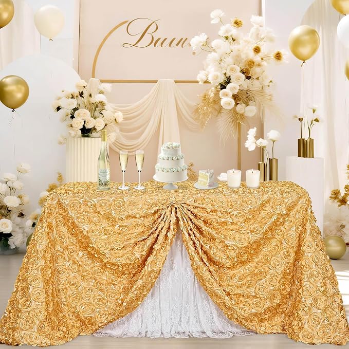 B-COOL Light Gold Rosette Tablecloth 60x102 Inch 3D Floral Rectangle Table Cloth Birthday Wedding Tablecloths for Stage Romantic Party Table Decorations