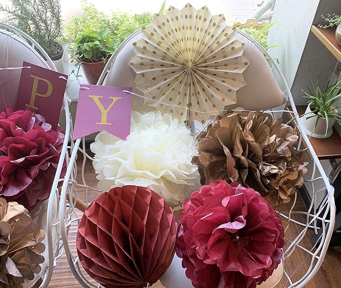 Burgundy Gold Birthday Party Decorations for Women/Maroon Gold HAPPY BIRTHDAY Banner Polka Dot Fans for Fall Women 30th/40th/50th Birthday Decorations Maroon