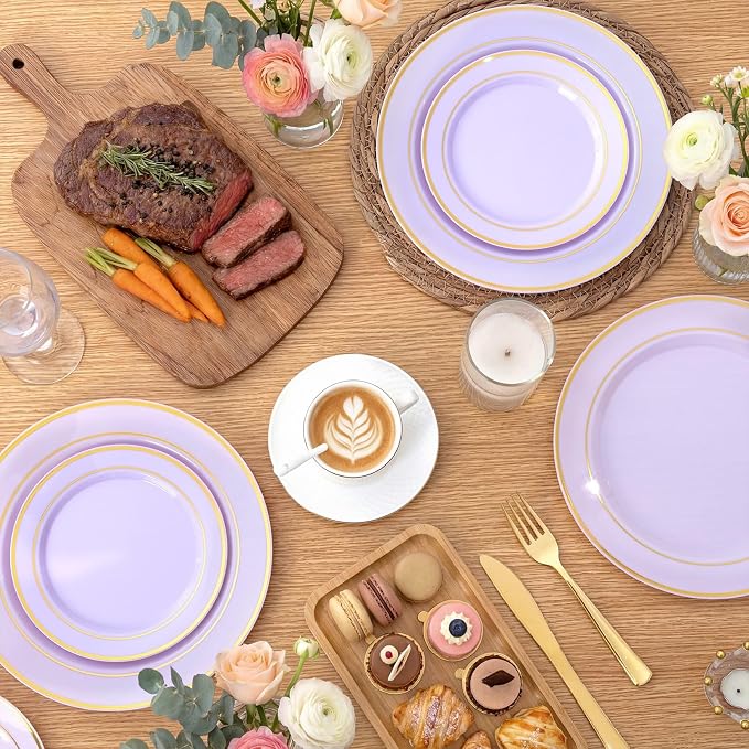 WDF Partyware 175PCS Purple Plates Disposable - Lavender Plastic Plates 25Guests Plastic Dinnerware with Rolled Napkins for Birthday/Spring/Baby Shower/Birthday