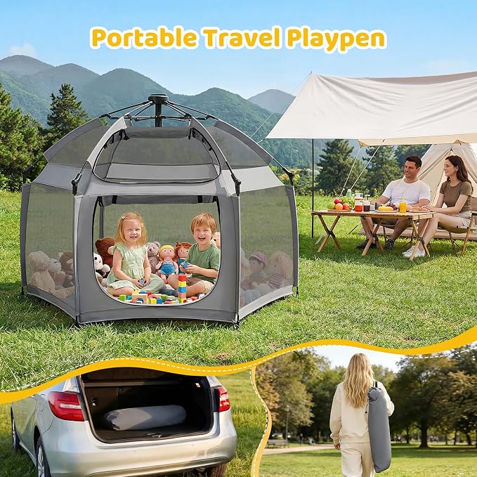 Dripex Pop Up Playpen w/t Built-in Pad & One-Click Safe Lock, Foldable Indoor/Outdoor Baby Playpen w/t Removable Canopy &Roll-Up Door & Top Mesh Window, Travel Pop and Go Beach Play Pen for Baby Grey