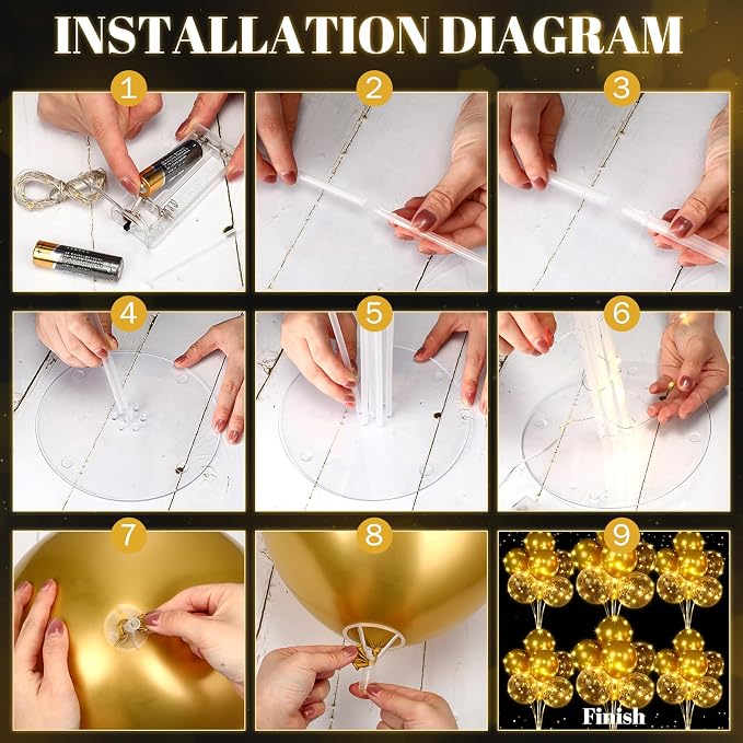 Junkin 6 Set Balloons Centerpieces for Table with LED String Light 60 Pcs Balloons Light up Table Balloon Stand Centerpieces for Graduation Birthday Baby Shower Wedding Bridal Shower(Gold)