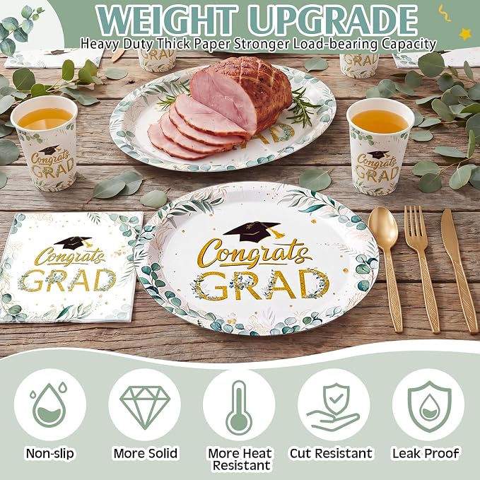 Pajean 350 Pcs Class of 2026 Greenery Graduation Party Decorations 12 inch Disposable Sage Green Leaves Oval Plates Napkins Green Heavy Duty Paper Tableware Set for 50 Guests Grad Party Supplies