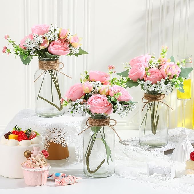 Zeyune 6 Sets Mason Jar Table Centerpiece with Artificial Peony Baby's Breath Flower Centerpieces Faux Flowers with Rope for Wedding Reception Engagement Bridal Shower Rustic Table Decor(Light Pink)