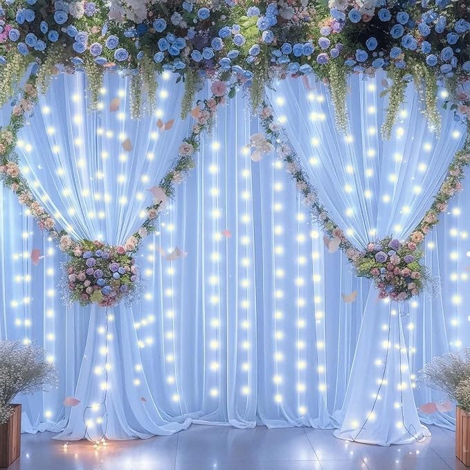 Baby Blue Sheer Tulle Backdrop Curtains with Lights String for Baby Shower Party Wrinkle Free Curtain Backdrops Drapes for Wedding Birthday Party Photo Back Drop Background Home Decorations 10ft x 8ft