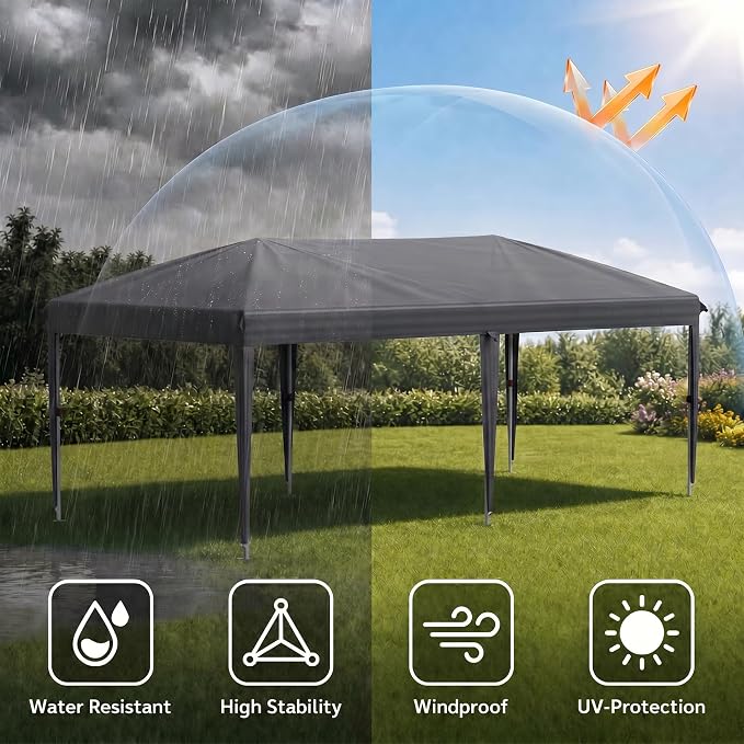 10x20 FT Portable Pop Up Canopy Tent with Sandbags, Adjustable Height Instant Gazebo Without Sidewalls,Waterproof Outdoor Canopy for Camping, Parties, Vendor Events (Grey, 3m × 6m Without sidewalls)