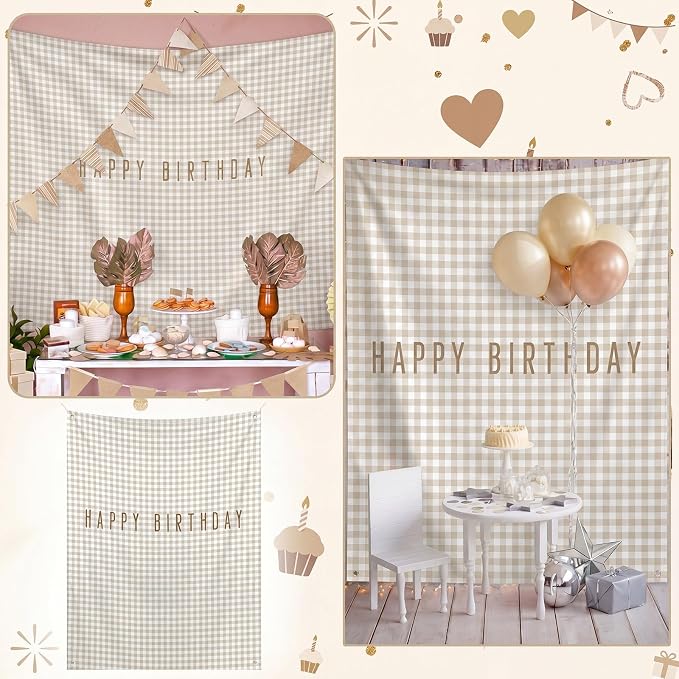 Flutesan 7x5ft Brown Gingham Happy Birthday Backdrop Large Banner Fabric Tapestry Birthday Party Decoration Baby Shower Linen Rustic Background Wall Photo Props Indoor Outdoor