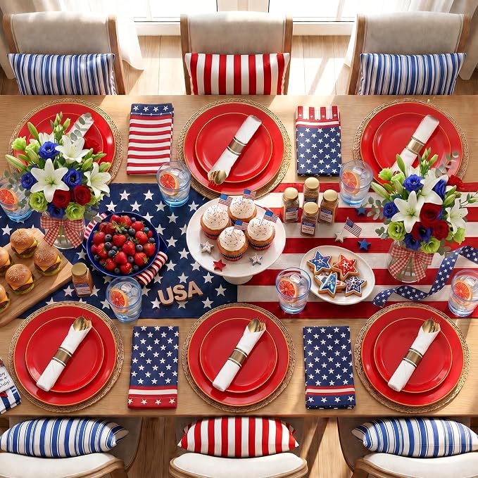 KIRE 350PCS Red Plastic Plates - Heavy Duty Red Plates Disposable - 50Guest Plastic Dinnerware Include 50Dinner Plate,50Dessert Plate,50Pre Rolled Napkins with Silverware for Wedding/Party