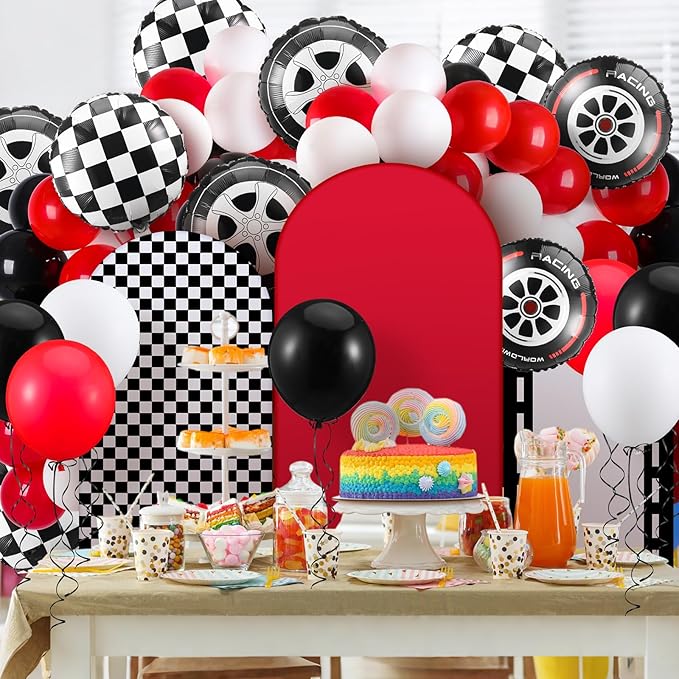 Foilswirl 34 Pieces Race Car Party Decoration 4ft 5ft 6ft Race Backdrop Cover Checkered Spandex Arch Backdrop Covers Red and Black Balloons Racing Tire Foil Balloons for Racer Go Kart Birthday Party