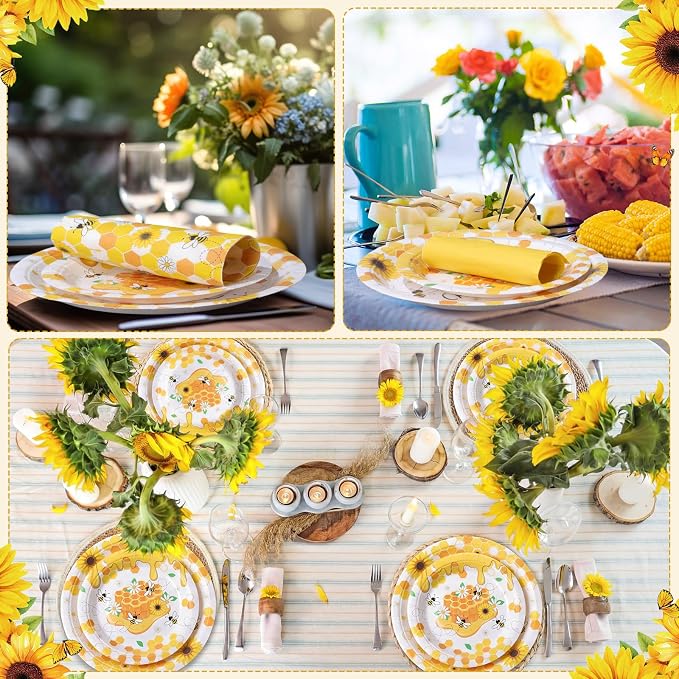 Funnymoom 200 Pcs Honey Bee Party Supplies Sweet as Can Bee Disposable Paper Dinner Plates Dessert Plates Napkins for Baby Shower Birthday Gender Reveal Party Decoration Serves 50 Guests