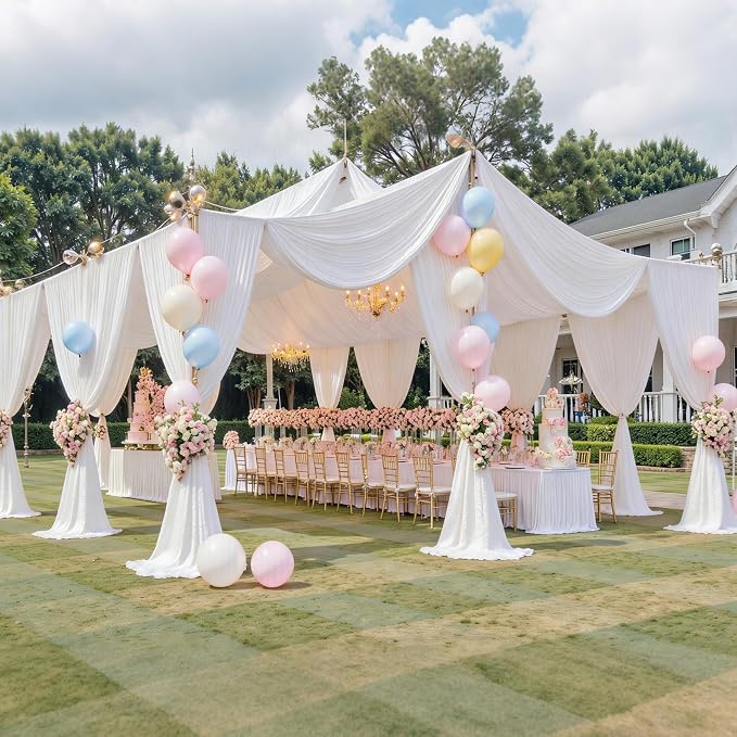 12 Panels 5x40ft White Ceiling Drapes for Wedding, Wrinkle Free Thick Polyester 40 ft Long Canopy Tent Draping Ceiling Curtains Arch Drapery for Birthday Party Event Venue Decoration