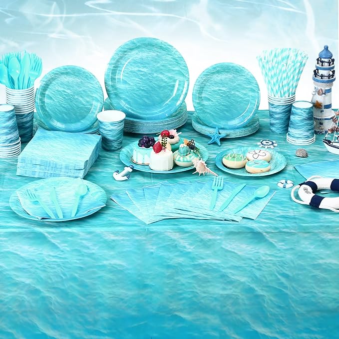 Funnymoom 452 Pcs Ocean Sea Birthday Party Decorations Include Ocean Waves Paper Plates Napkins Cups Tablecloth Cutlery Straws Sea Theme Party Supplies for Birthday Baby Shower