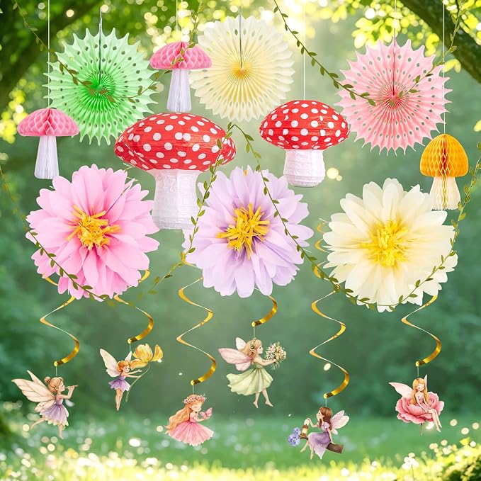 17PCS Fairy Birthday Party Decorations Set Fairy Themed Red Green Purple Pink Paper Mushroom Lantern Decor for Girls Birthday Decor Spring Tea Party Baby Shower