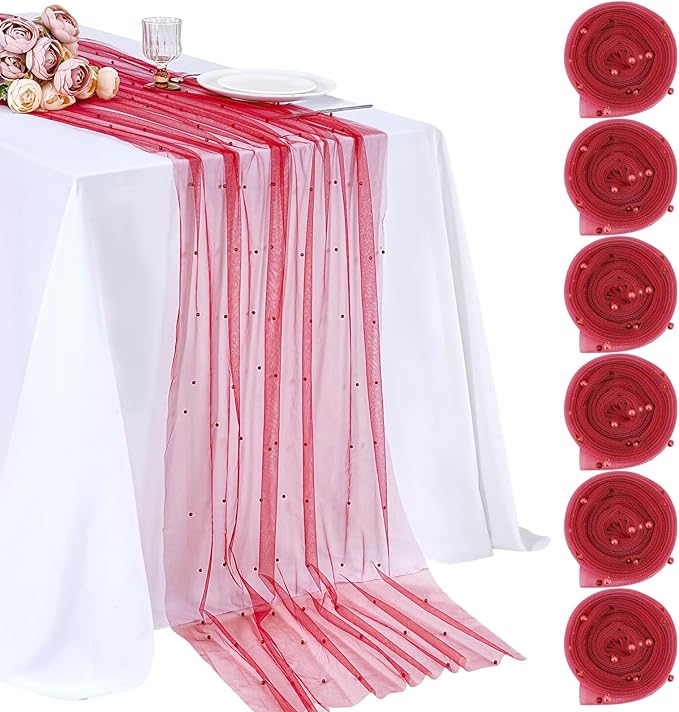 Red Tulle Table Runner Pearl Fabric: Christmas Veil Dessert Chiffon Pearl Lace Boho 6pcs Overlay Wedding Aisle Runner Valentines Day Party Decorations Doilies